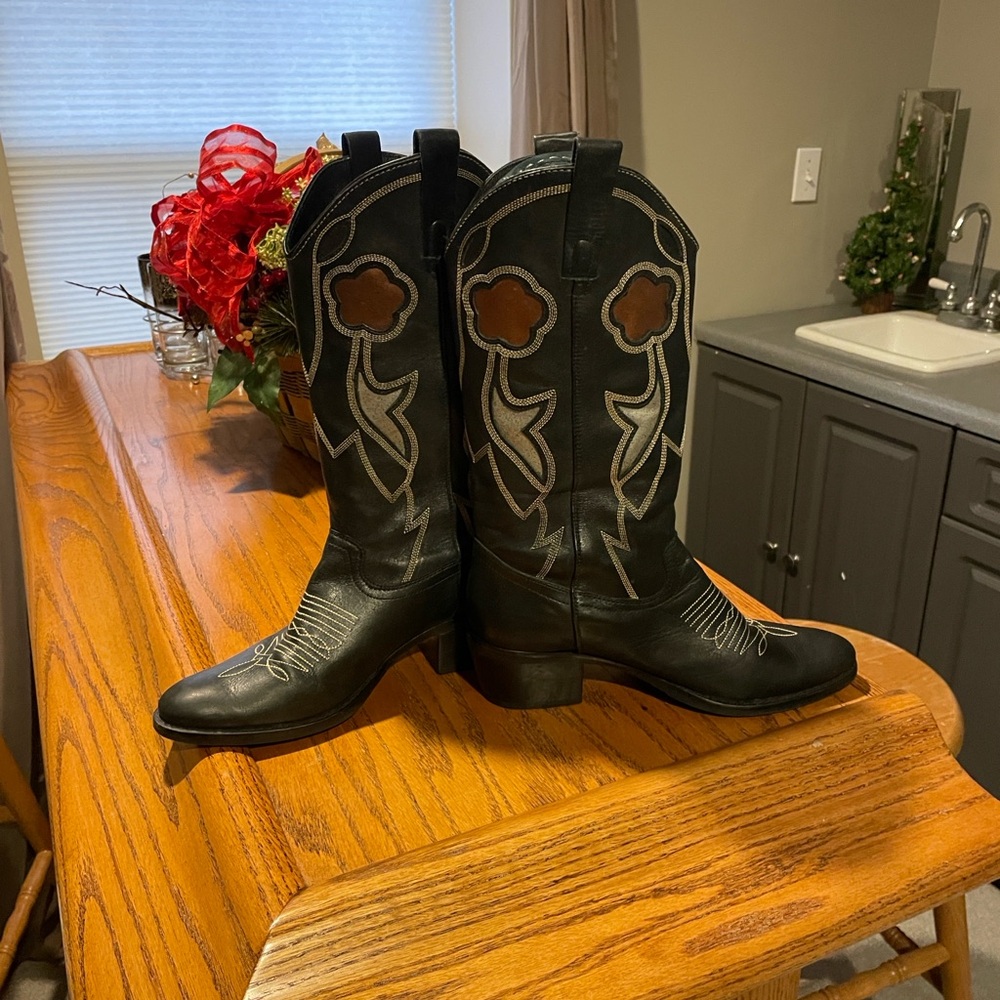 Black Boots with Copper Floral Design